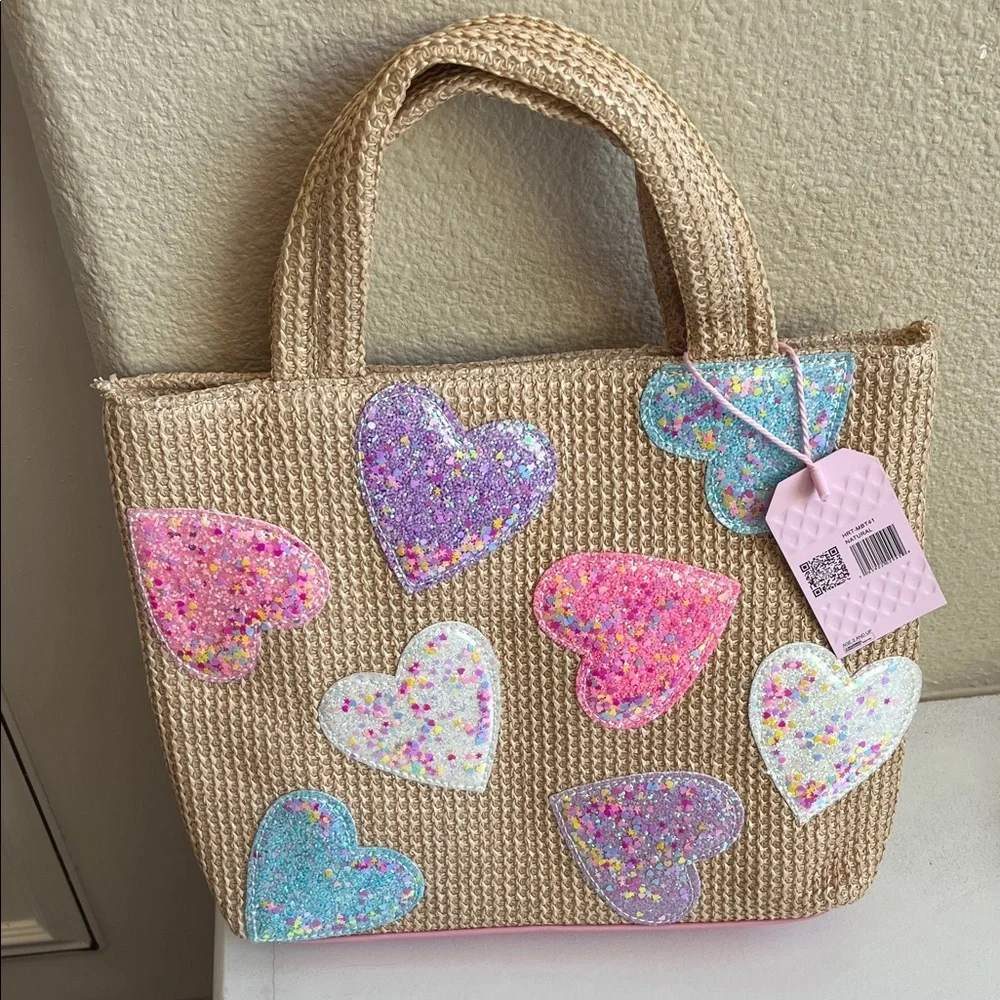 Kids Heart-Patterned Tan Bag/Purse and Hat Set